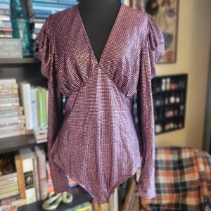 Bar III Women's Leotard Top Sz Lg Pink Meyallic Disco Print Puff Sleeves